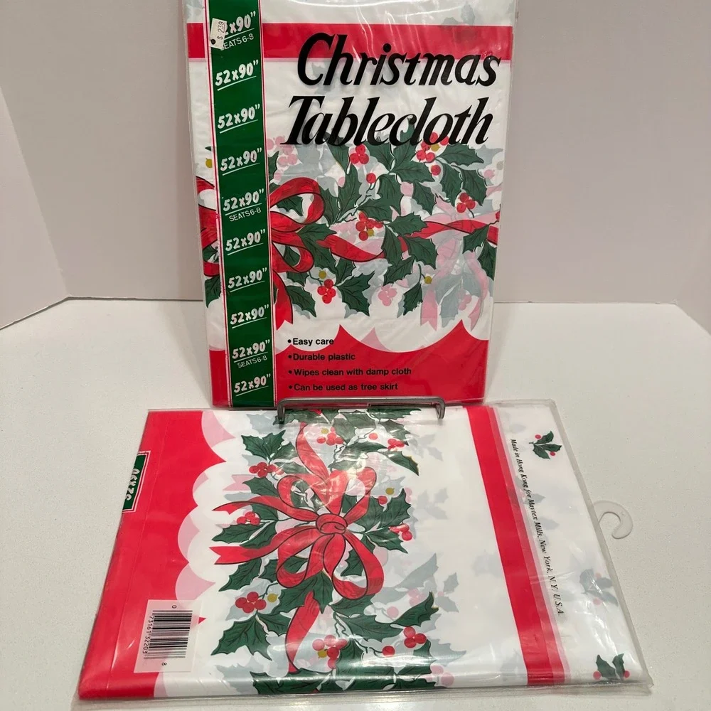 Vtg Maytex Mills Christmas Tablecloth Lot of 2 Holly Berry Red Bow Plastic 52x90